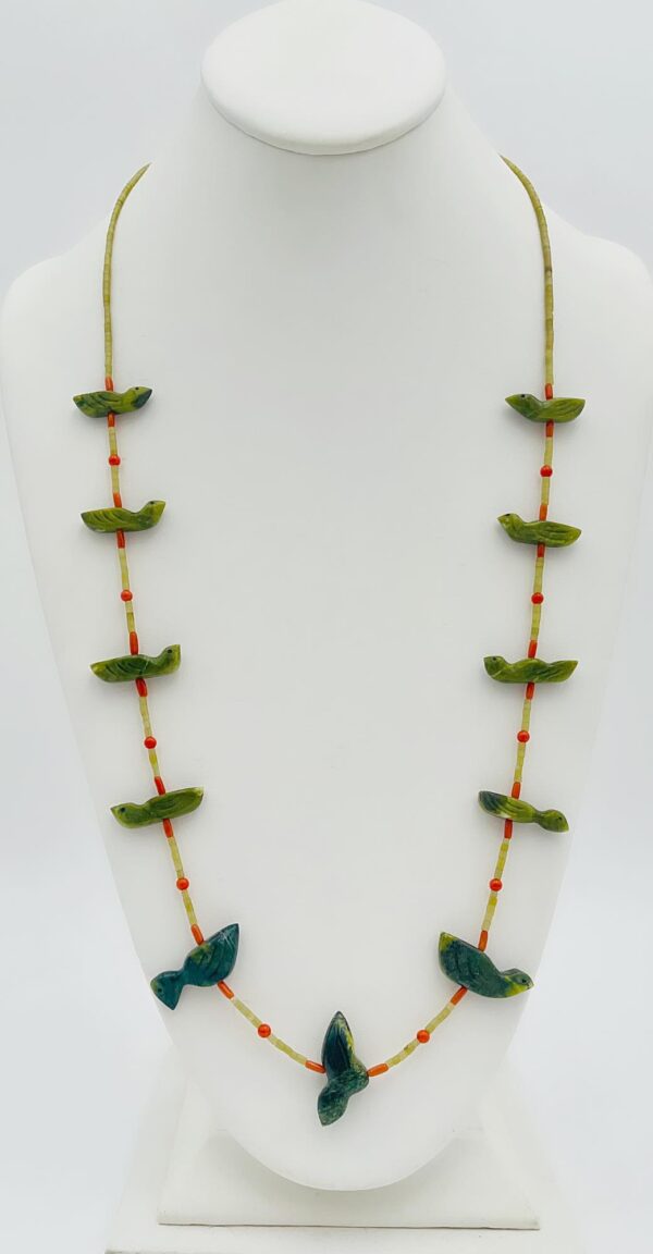 Zuni Jovanna Poblano Serpentine Carved Fetish Birds w Jade & Coral Necklace/