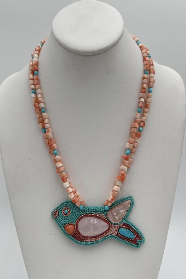 Zuni Jovanna Poblano Signed Beaded Zuni Bird w Rose Quartz & Pink Shell & Japanese Coral Necklace/ - Image 2