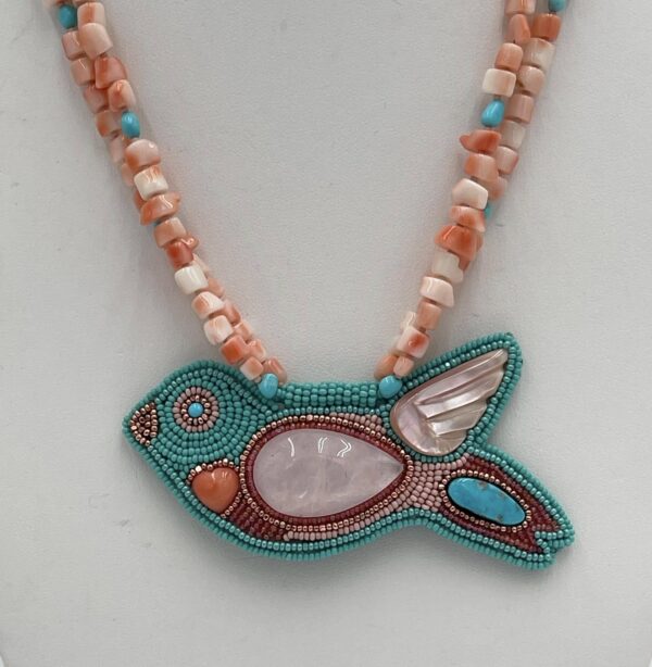 Zuni Jovanna Poblano Signed Beaded Zuni Bird w Rose Quartz & Pink Shell & Japanese Coral Necklace/ - Image 3