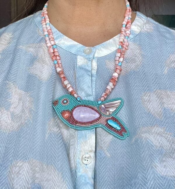 Zuni Jovanna Poblano Signed Beaded Zuni Bird w Rose Quartz & Pink Shell & Japanese Coral Necklace/