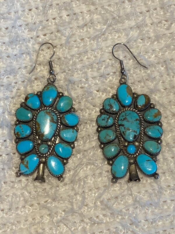 Vintage Zuni Jack Weekoty Sterling Silver Turquoise Cluster Squash Blossom Hook Earrings/ - Image 2