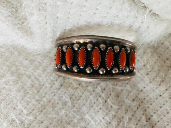 Navajo Eunice Claw Signed Sterling Mediterranean Coral Cluster Cuff Bracelet/