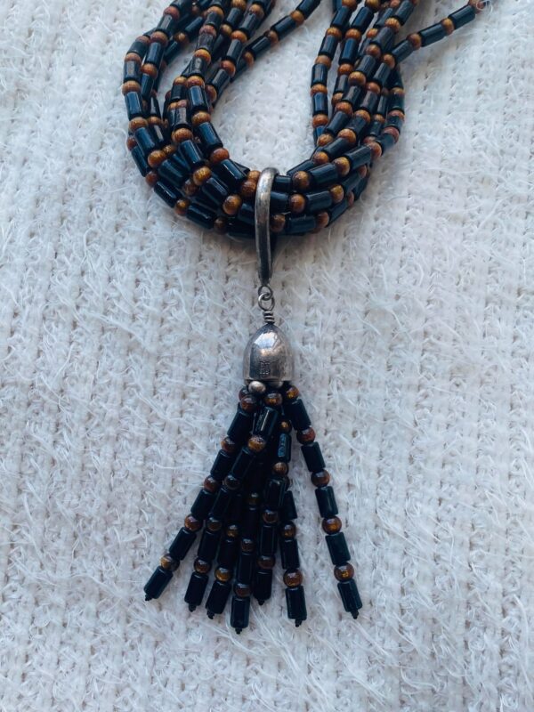 Vintage DTR Signed Sterling Silver Black and Gold Coral Beaded Necklace with Tassels/ - Image 2