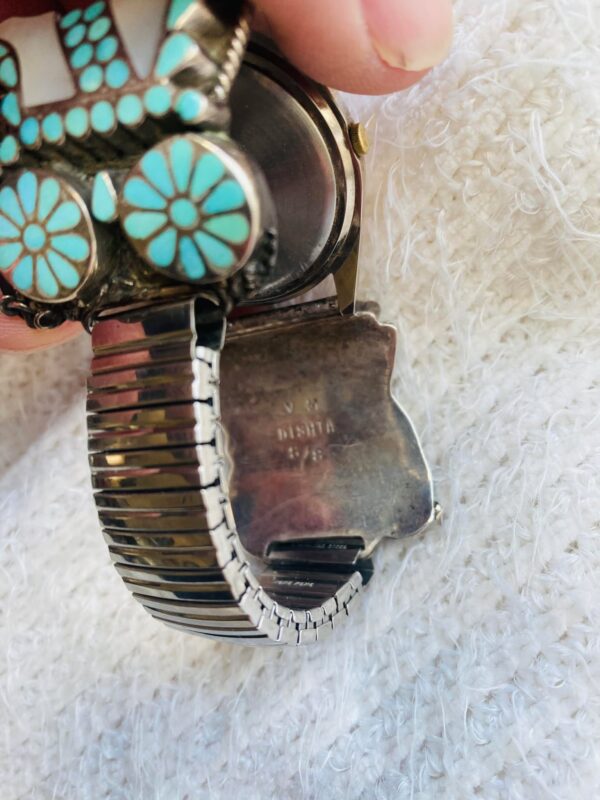 Vintage Zuni VM Dishta Signed Sterling Silver Flush Inlay Turquoise Covered Wagon Signet Watch and Tips/ - Image 4