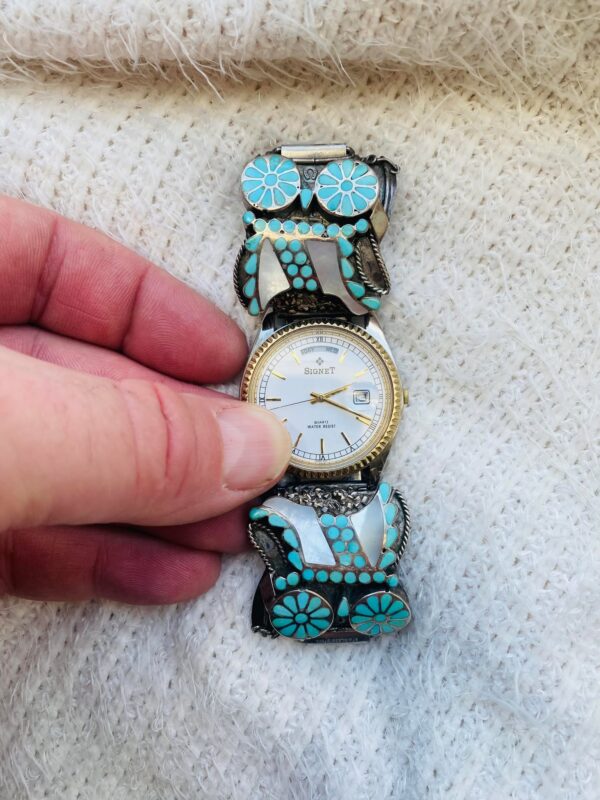 Vintage Zuni VM Dishta Signed Sterling Silver Flush Inlay Turquoise Covered Wagon Signet Watch and Tips/