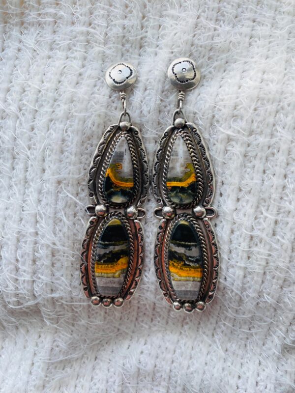 Navajo Will Billy Signed Sterling Silver BumbleBee Jasper Stamped Post Dangle Earrings/