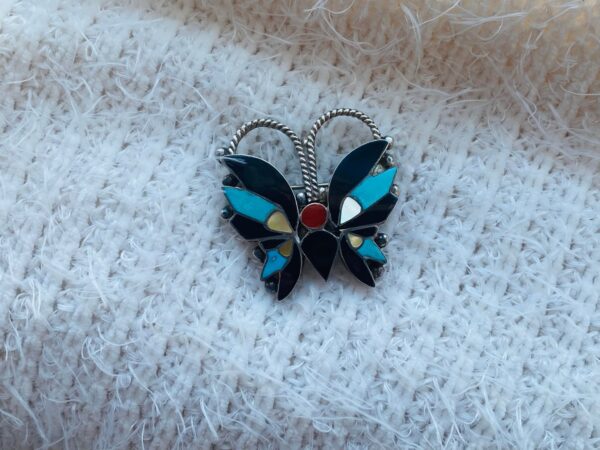 Zuni Vintage Rosita Wallace Signed Sterling Silver Inlaid Butterfly Pin Pendant/