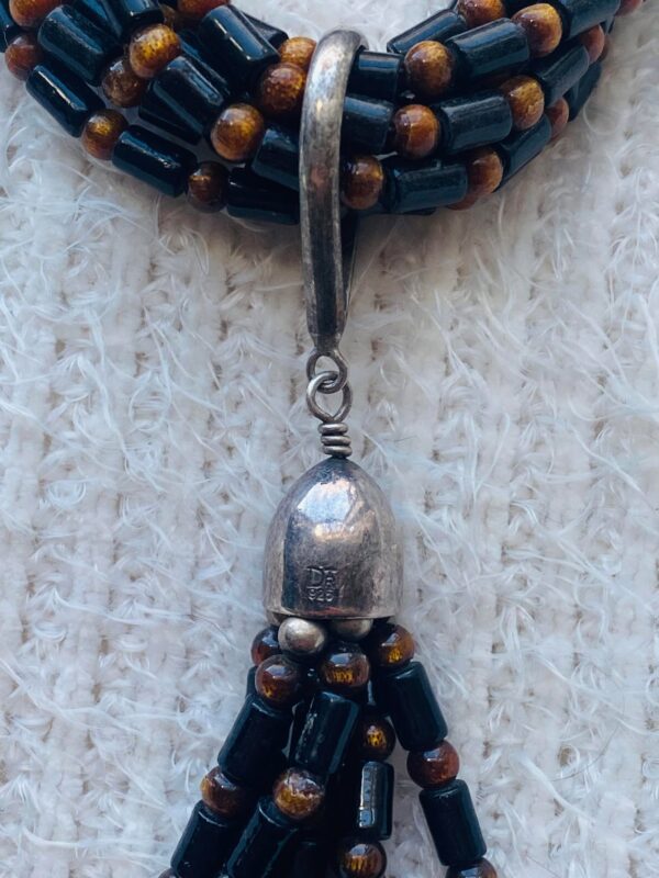 Vintage DTR Signed Sterling Silver Black and Gold Coral Beaded Necklace with Tassels/ - Image 3