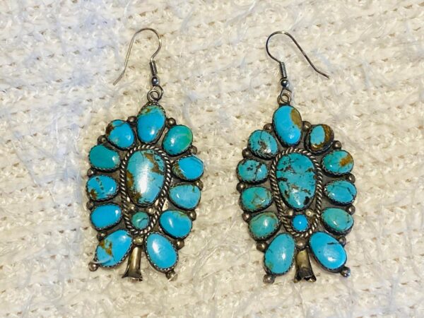 Vintage Zuni Jack Weekoty Sterling Silver Turquoise Cluster Squash Blossom Hook Earrings/