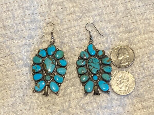 Vintage Zuni Jack Weekoty Sterling Silver Turquoise Cluster Squash Blossom Hook Earrings/ - Image 3