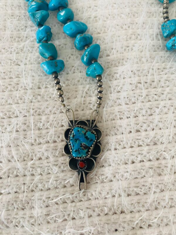 Vintage Navajo Sterling Silver Turquoise Nugget Necklace Turquoise and Red Coral Pendant/ - Image 2