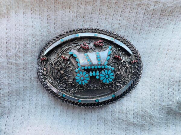 Vintage Zuni VM Dishta Signed Sterling Silver Flush Inlay Turquoise Coral Covered Wagon Belt Buckle/