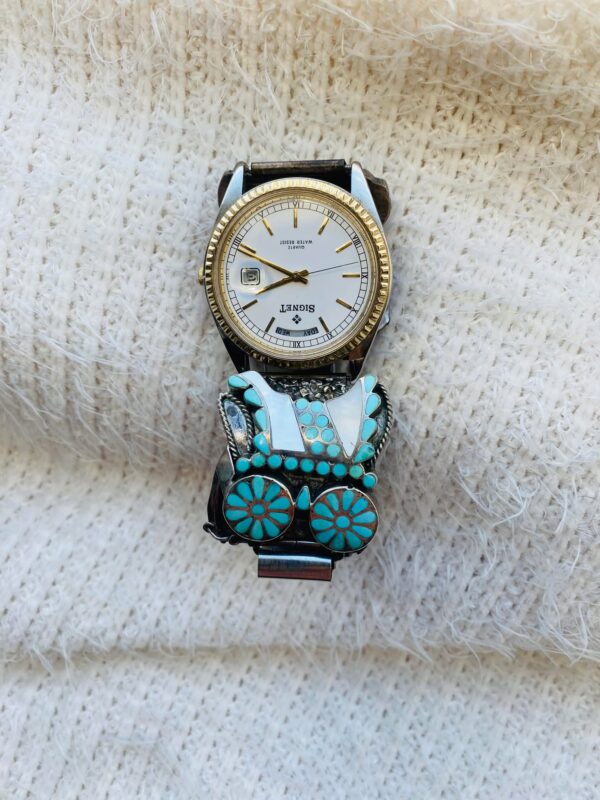 Vintage Zuni VM Dishta Signed Sterling Silver Flush Inlay Turquoise Covered Wagon Signet Watch and Tips/ - Image 2