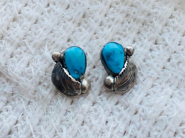 Vintage Zuni Carmelita Simplicio Signed Sterling Silver Colorful Turquoise Leaf Post Earrings/