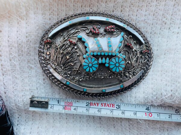 Vintage Zuni VM Dishta Signed Sterling Silver Flush Inlay Turquoise Coral Covered Wagon Belt Buckle/ - Image 2