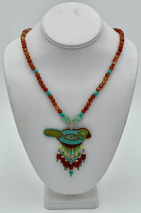 Zuni Jovanna Poblano Signed Beaded Turquoise Bird w Carnelian & Turquoise Bead Necklace/