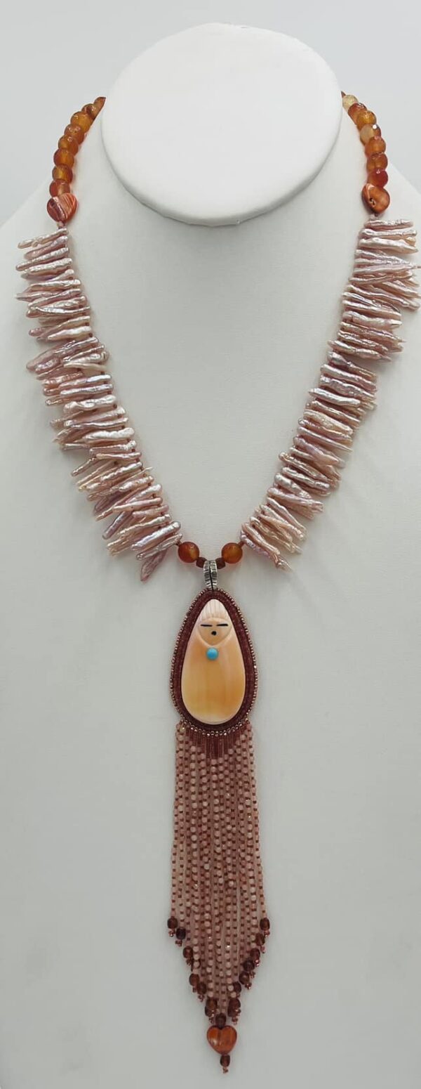 Zuni Jovanna Poblano Signed Beaded Cameo Shell Corn Maiden Carnelian Pearls Necklace/