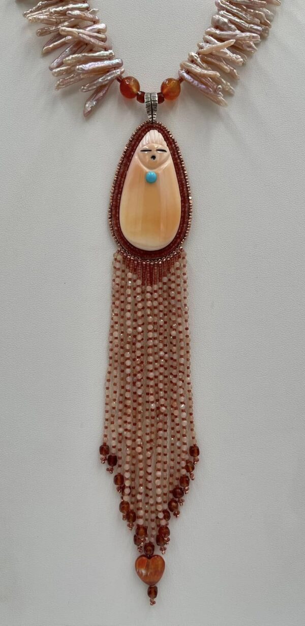 Zuni Jovanna Poblano Signed Beaded Cameo Shell Corn Maiden Carnelian Pearls Necklace/ - Image 3