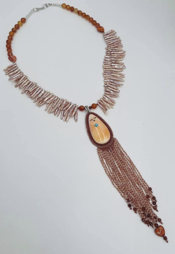 Zuni Jovanna Poblano Signed Beaded Cameo Shell Corn Maiden Carnelian Pearls Necklace/ - Image 2