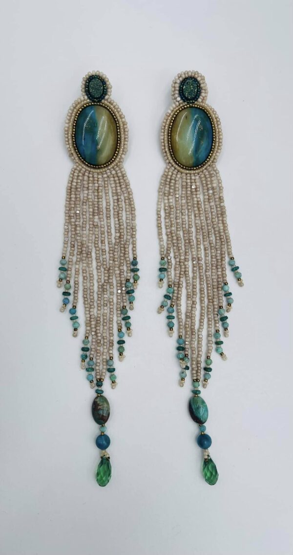 Zuni Jovanna Poblano Signed Beaded Peruvian Opal & Drusy Dangle Post Earrings/