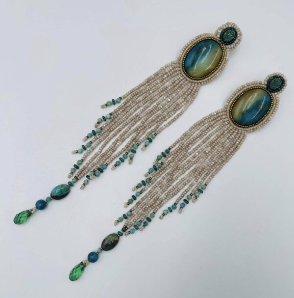 Zuni Jovanna Poblano Signed Beaded Peruvian Opal & Drusy Dangle Post Earrings/ - Image 2