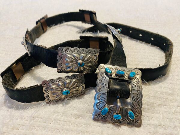 Vintage Navajo Signed Sterling Silver Turquoise Black Leather Stamped Concho Belt/