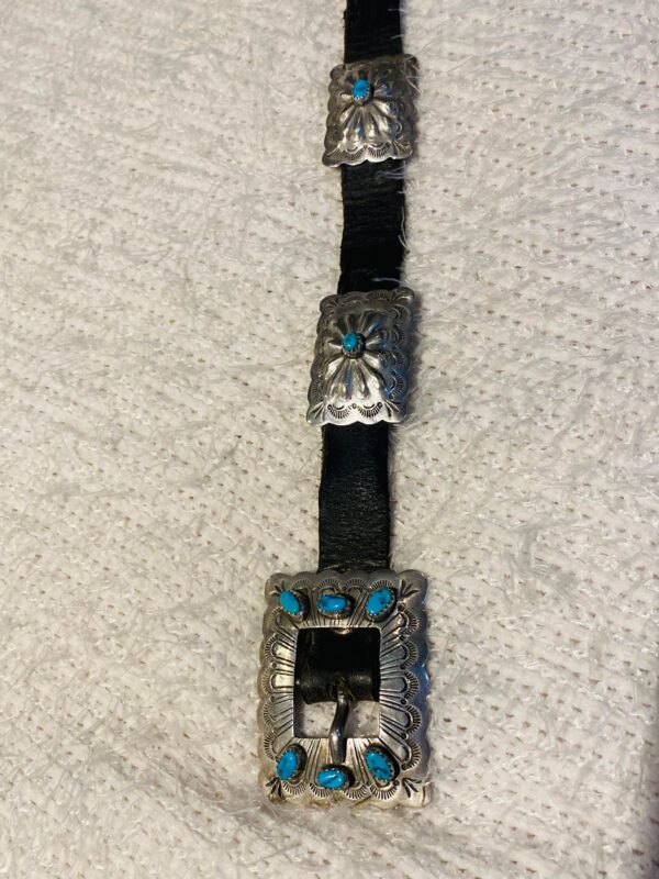 Vintage Navajo Signed Sterling Silver Turquoise Black Leather Stamped Concho Belt/ - Image 5