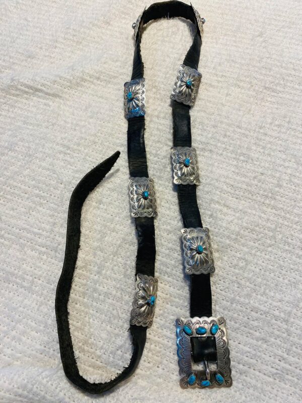 Vintage Navajo Signed Sterling Silver Turquoise Black Leather Stamped Concho Belt/ - Image 3