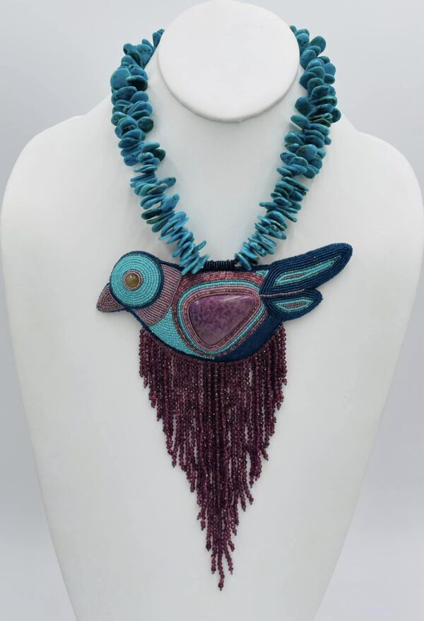 Zuni Jovanna Poblano Signed Elaborate Beaded Sugilite Fetish Bird w Turquoise Necklace/ - Image 2