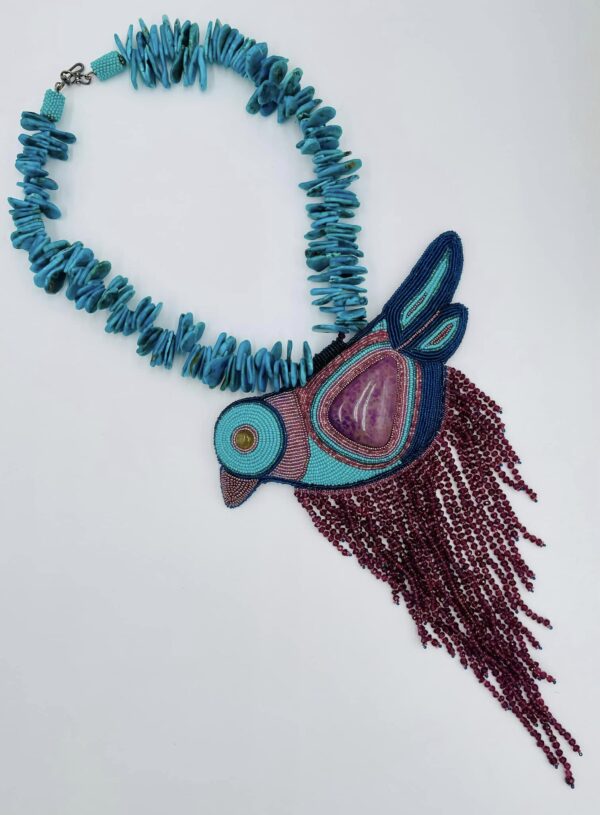 Zuni Jovanna Poblano Signed Elaborate Beaded Sugilite Fetish Bird w Turquoise Necklace/