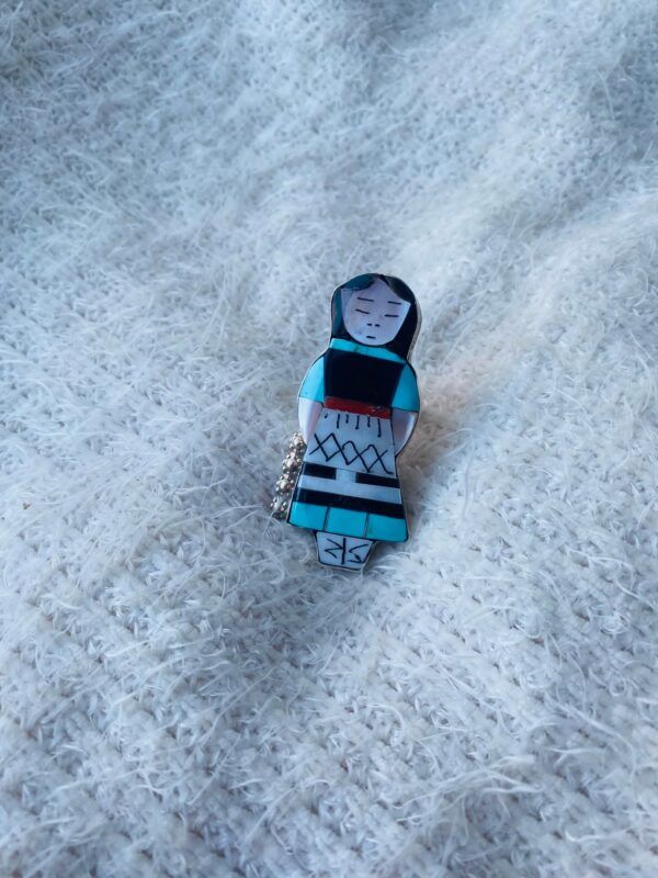 Zuni Joyce Waseta Signed Sterling Silver Turquoise Inlay 2 Inch Tall Zuni Maiden Size 6.5 Ring/