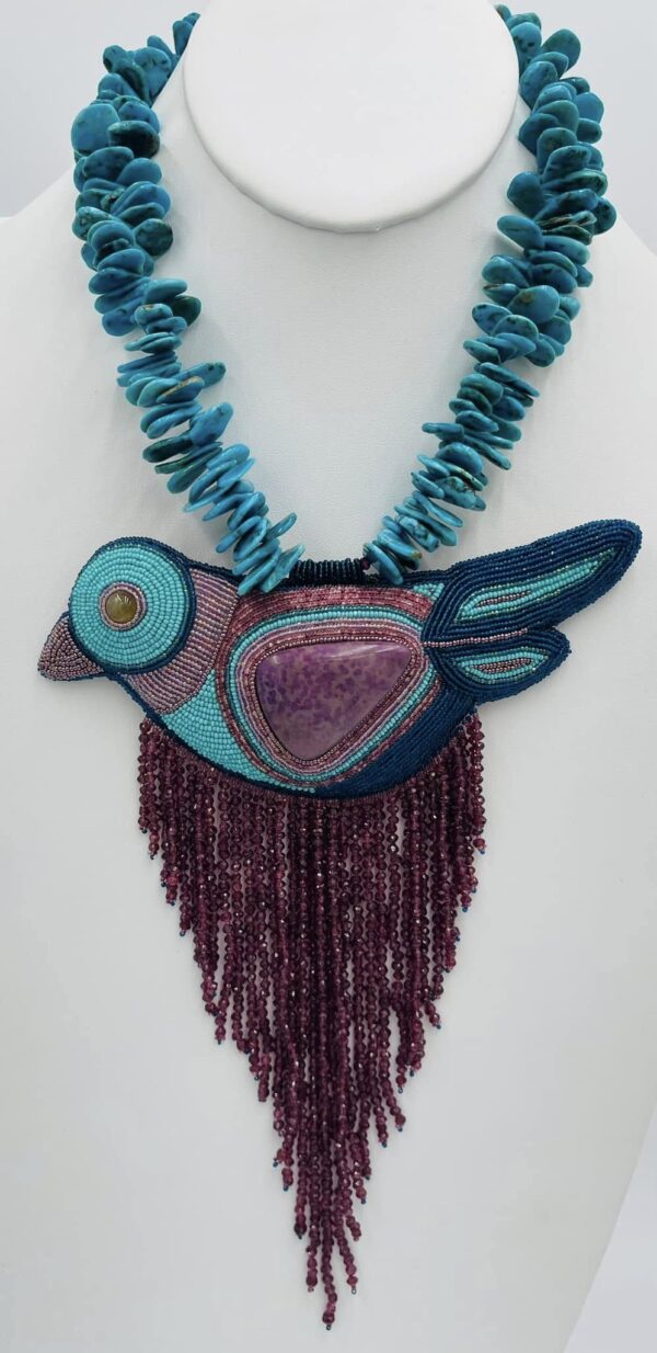 Zuni Jovanna Poblano Signed Elaborate Beaded Sugilite Fetish Bird w Turquoise Necklace/ - Image 3