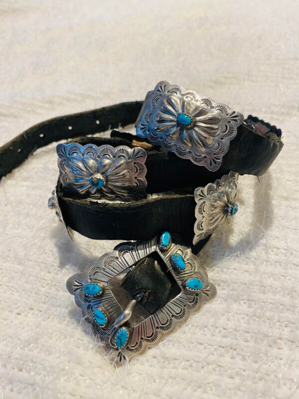 Vintage Navajo Signed Sterling Silver Turquoise Black Leather Stamped Concho Belt/ - Image 2