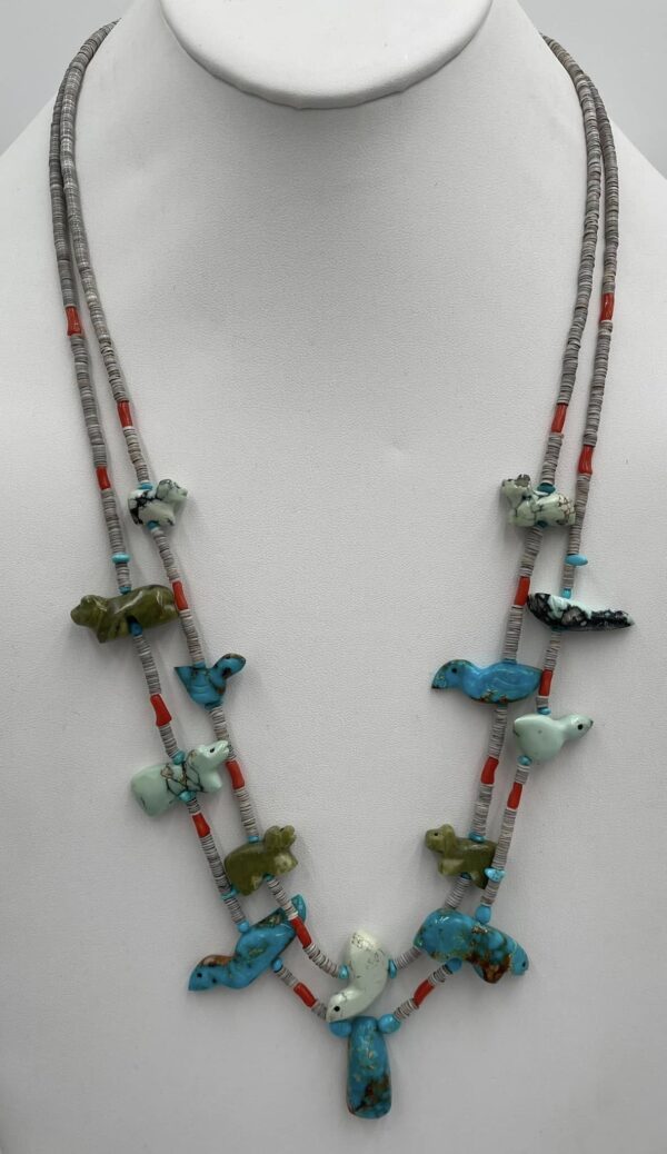 Zuni Jovanna Poblano Turquoise Serpentine Variscite Birds Bears Coral Grey Shell Heishi Necklace/