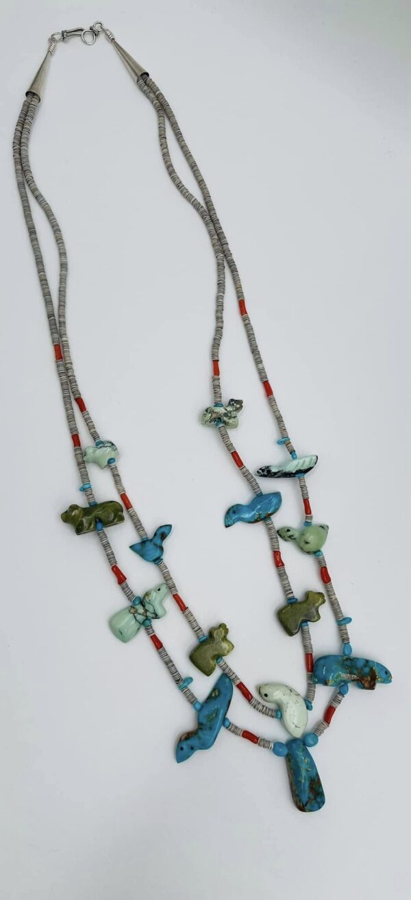 Zuni Jovanna Poblano Turquoise Serpentine Variscite Birds Bears Coral Grey Shell Heishi Necklace/ - Image 3