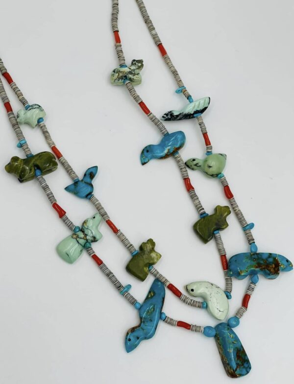 Zuni Jovanna Poblano Turquoise Serpentine Variscite Birds Bears Coral Grey Shell Heishi Necklace/ - Image 2