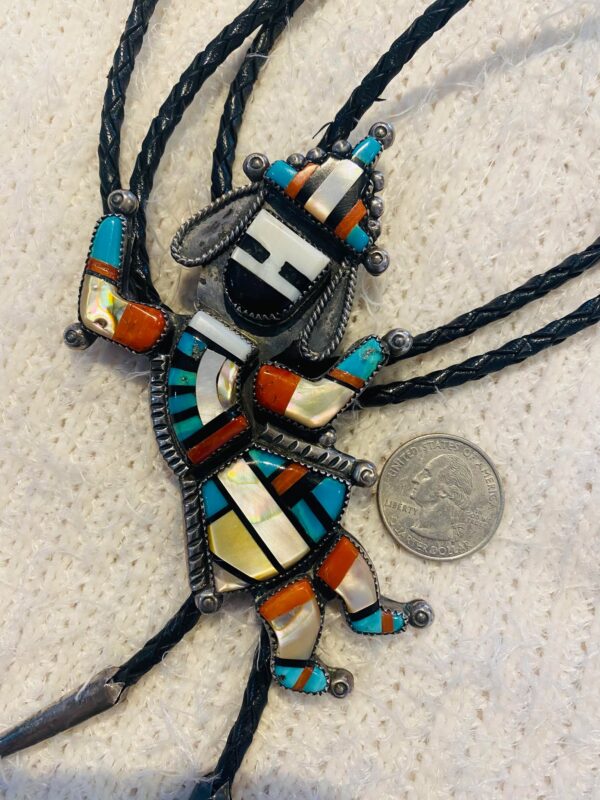 Vintage C-31 Zuni Teddy Weahkee Sterling Silver Inlaid Rainbowman Bolo Tie w Eddie Beyuka Drum Tips/ - Image 2