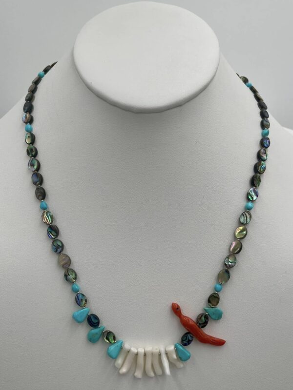 Zuni Jovanna Poblano Mediterranean Coral Fetish Bird w Abalone Turquoise Japanese Coral Necklace/