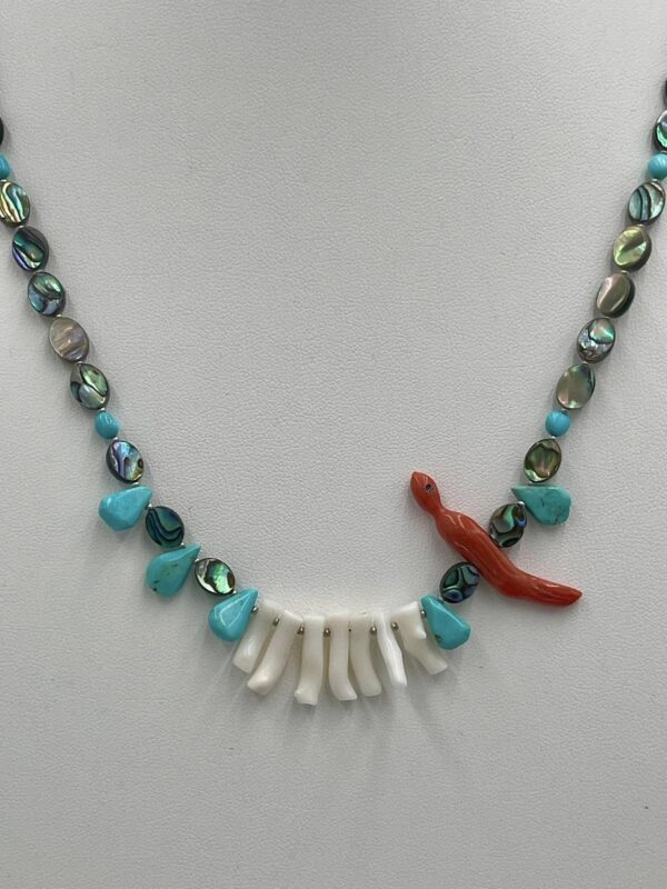 Zuni Jovanna Poblano Mediterranean Coral Fetish Bird w Abalone Turquoise Japanese Coral Necklace/ - Image 3