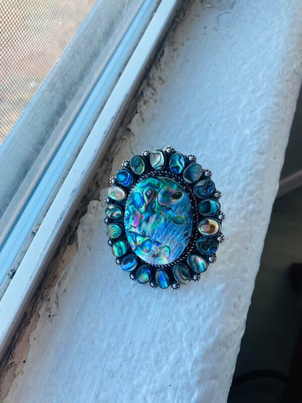 Navajo Timm Lewis Signed Sterling Silver Natural Abalone Cluster Adjustable Ring/