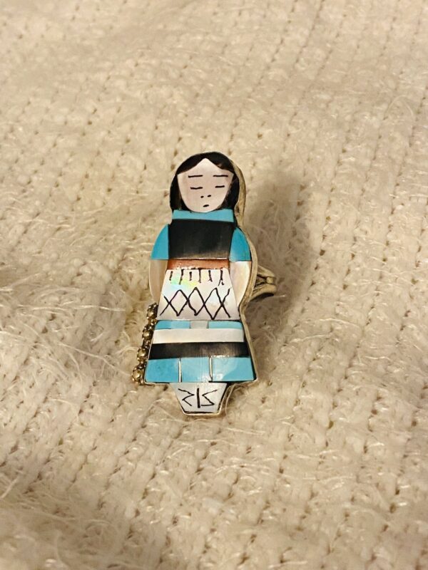 Zuni Joyce Waseta Signed Sterling Silver 2" Tall Turquoise Inlay Zuni Olla Maiden Size 8.5 Ring/