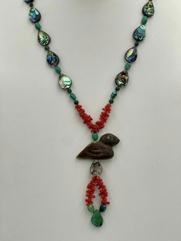 Zuni Jovanna Poblano Turquoise Abalone Mediterranean Coral Bird Fetish Necklace/ - Image 2