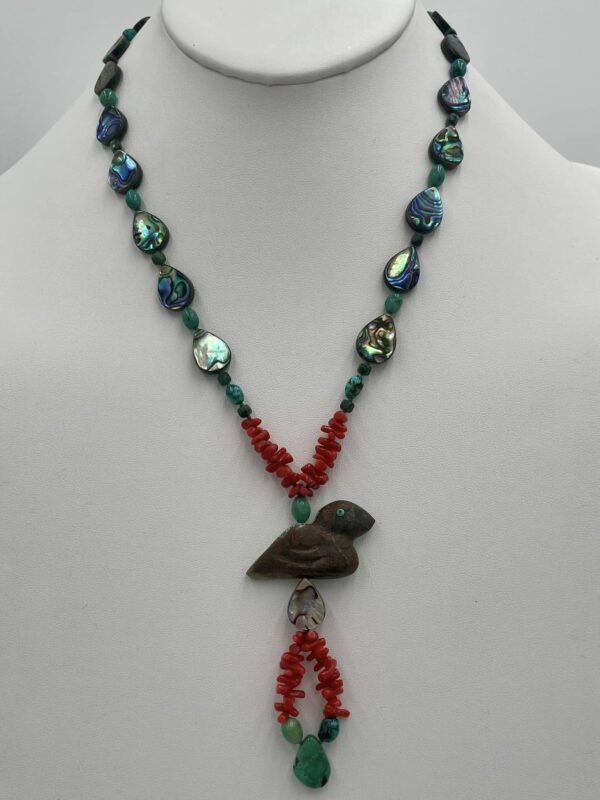 Zuni Jovanna Poblano Turquoise Abalone Mediterranean Coral Bird Fetish Necklace/ - Image 4