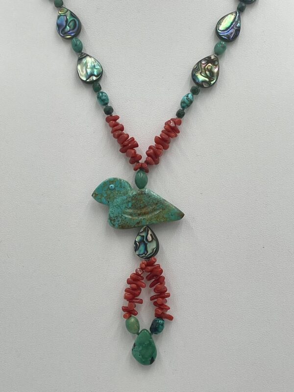 Zuni Jovanna Poblano Turquoise Abalone Mediterranean Coral Bird Fetish Necklace/ - Image 5