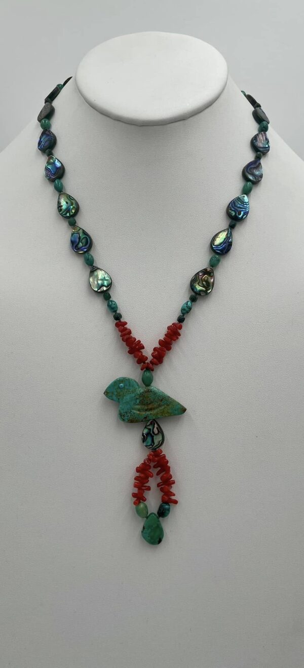 Zuni Jovanna Poblano Turquoise Abalone Mediterranean Coral Bird Fetish Necklace/