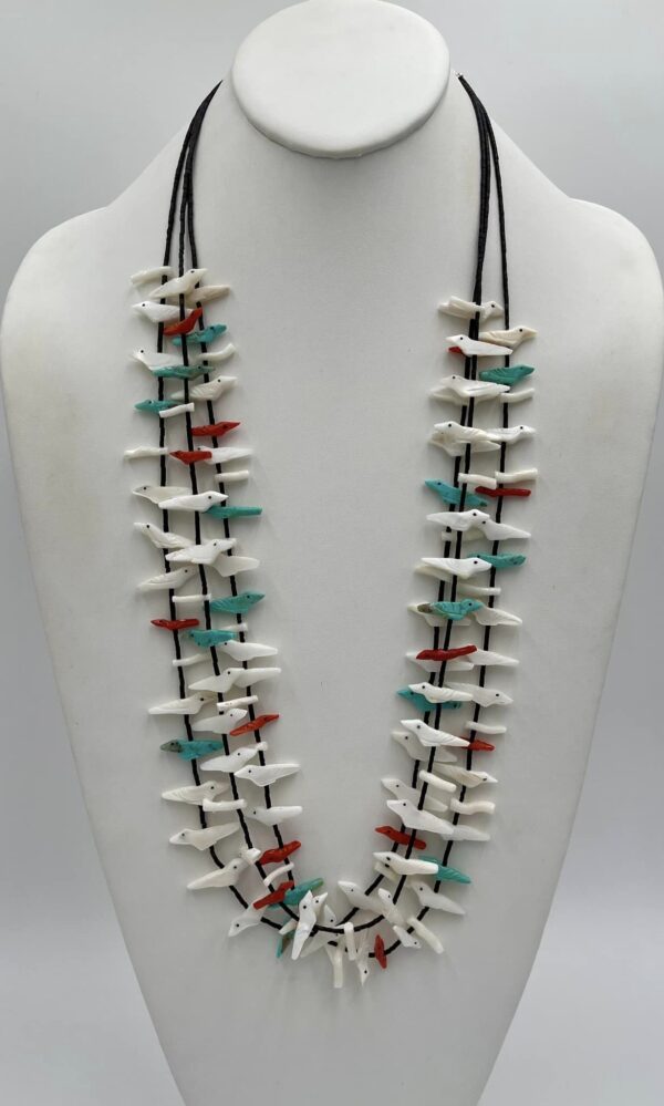 Zuni Rosita Kaamasee Turquoise Coral White Clam Shell Bird Reversible Carving Fetish Black Jade Necklace/ - Image 2