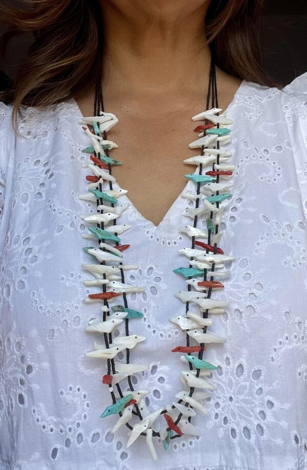 Zuni Rosita Kaamasee Turquoise Coral White Clam Shell Bird Reversible Carving Fetish Black Jade Necklace/