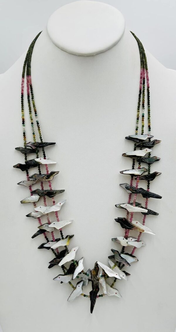 Zuni Rosita Kaamasee Black Lip Mother of Pearl Bird Carving Fetish Watermelon Tourmaline Necklace/ - Image 2