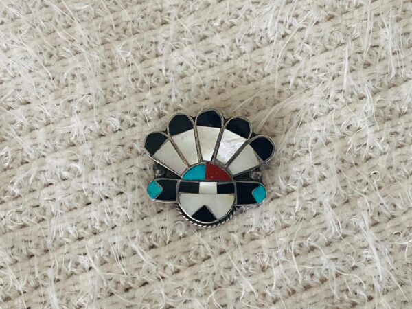 Zuni Vintage Sterling Silver Channel Inlaid Sunface Pin Brooch/