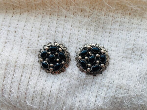 Navajo Vintage Sterling Silver Black Onyx Cluster Stamped Post Earrings/